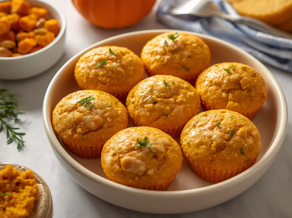 Freshly baked pumpkin cream cheese muffins featuring a spiced golden-brown sponge topped with crunchy brown sugar pecan streusel, displayed on a rustic ceramic plate next to autumn decor.