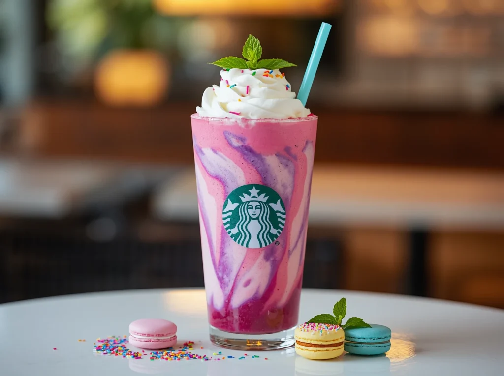 A tall clear glass of a blended pink and purple unicorn frappuccino swirled with bright blue sour drizzle, finished with fluffy whipped cream and colored sugar sprinkles.