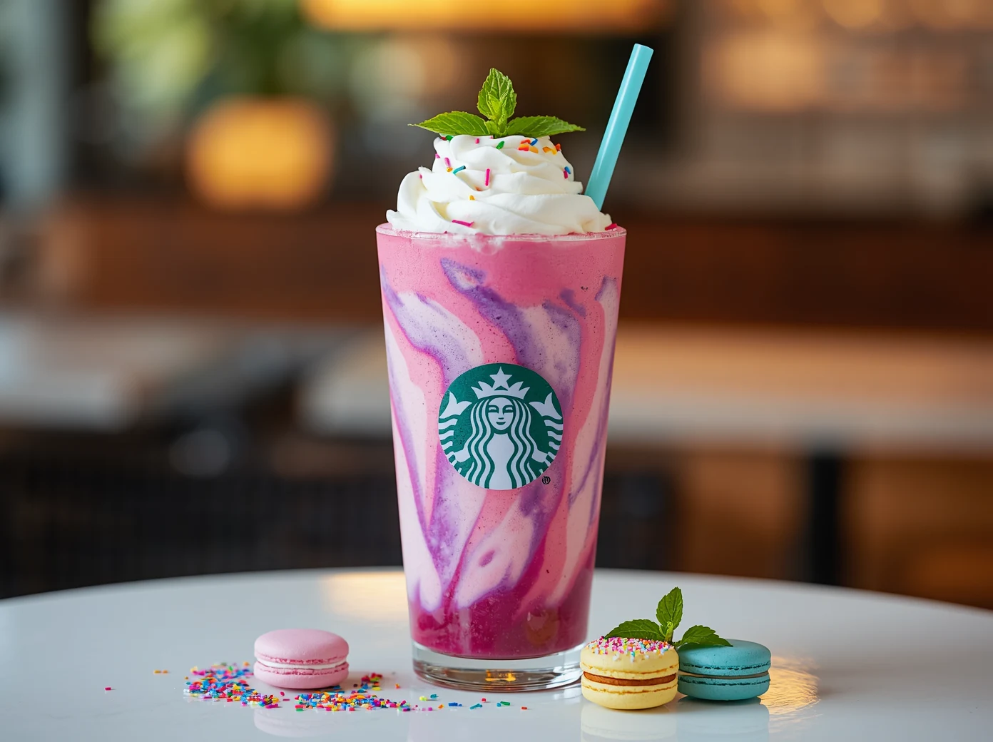 A tall clear glass of a blended pink and purple unicorn frappuccino swirled with bright blue sour drizzle, finished with fluffy whipped cream and colored sugar sprinkles.