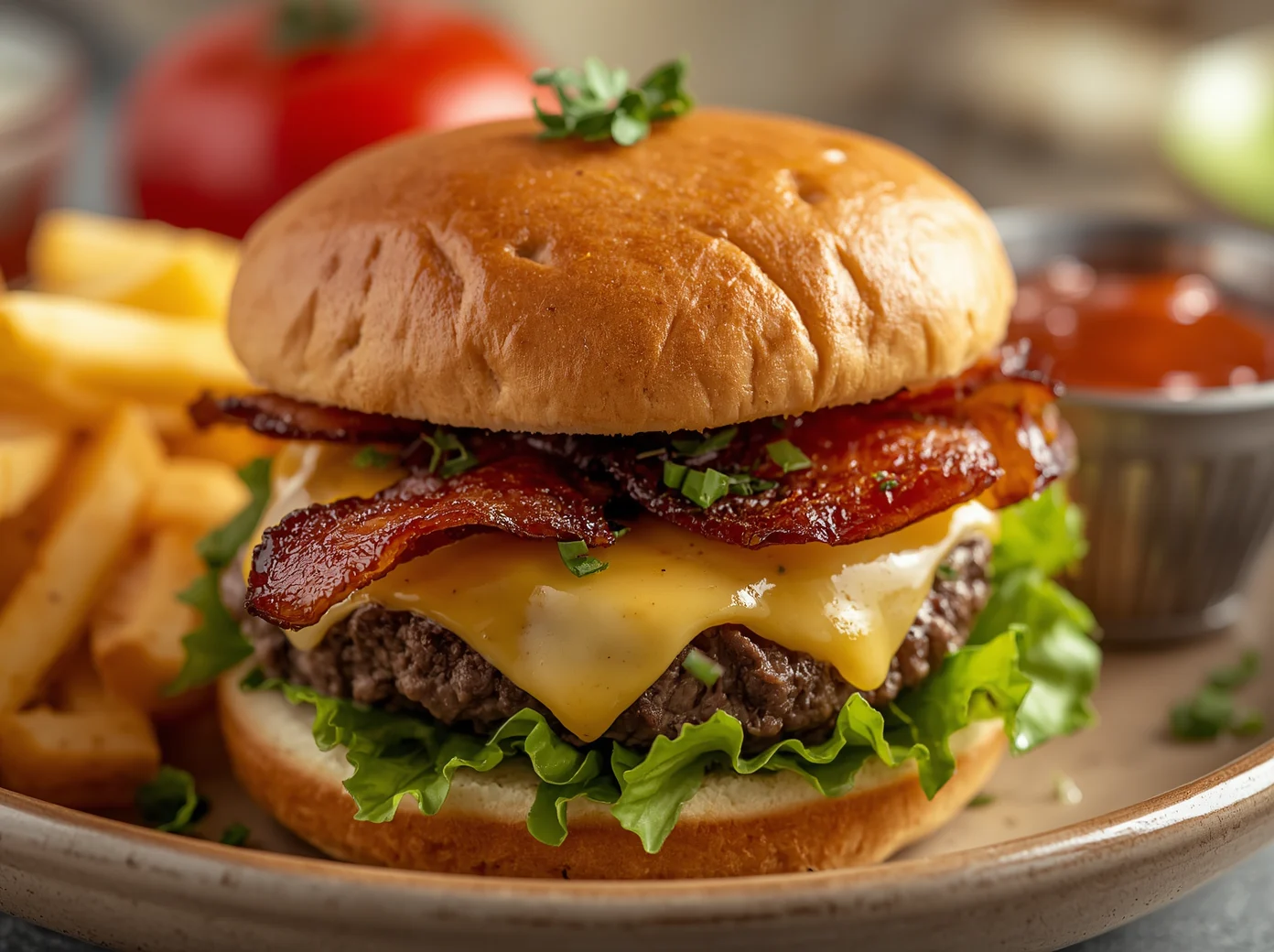A towering double bacon cheeseburger with melted cheddar cheese, crispy bacon, lettuce, and tomato on a toasted brioche bun.