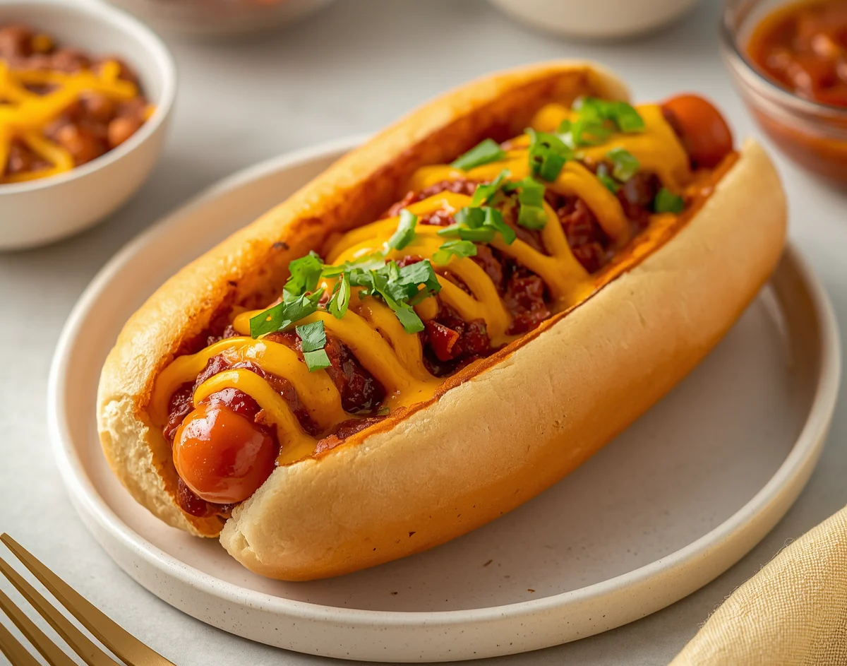 A grilled hot chili cheese dog in a toasted brioche bun loaded with beef chili, melted cheddar cheese, diced onions, and jalapeños.