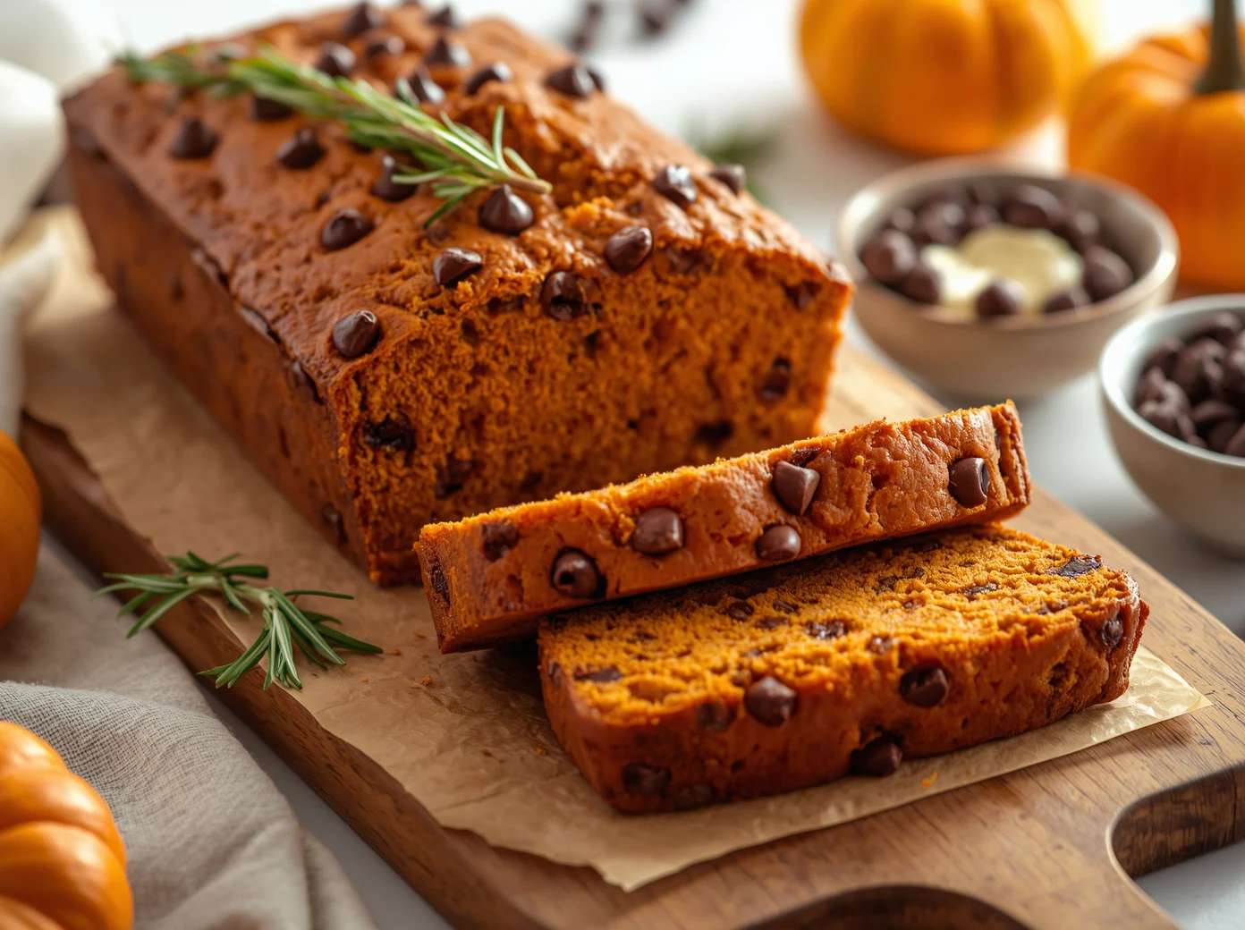 Warm slice of Pumpkin Chocolate Chip Bread loaded with melted chocolate chips.