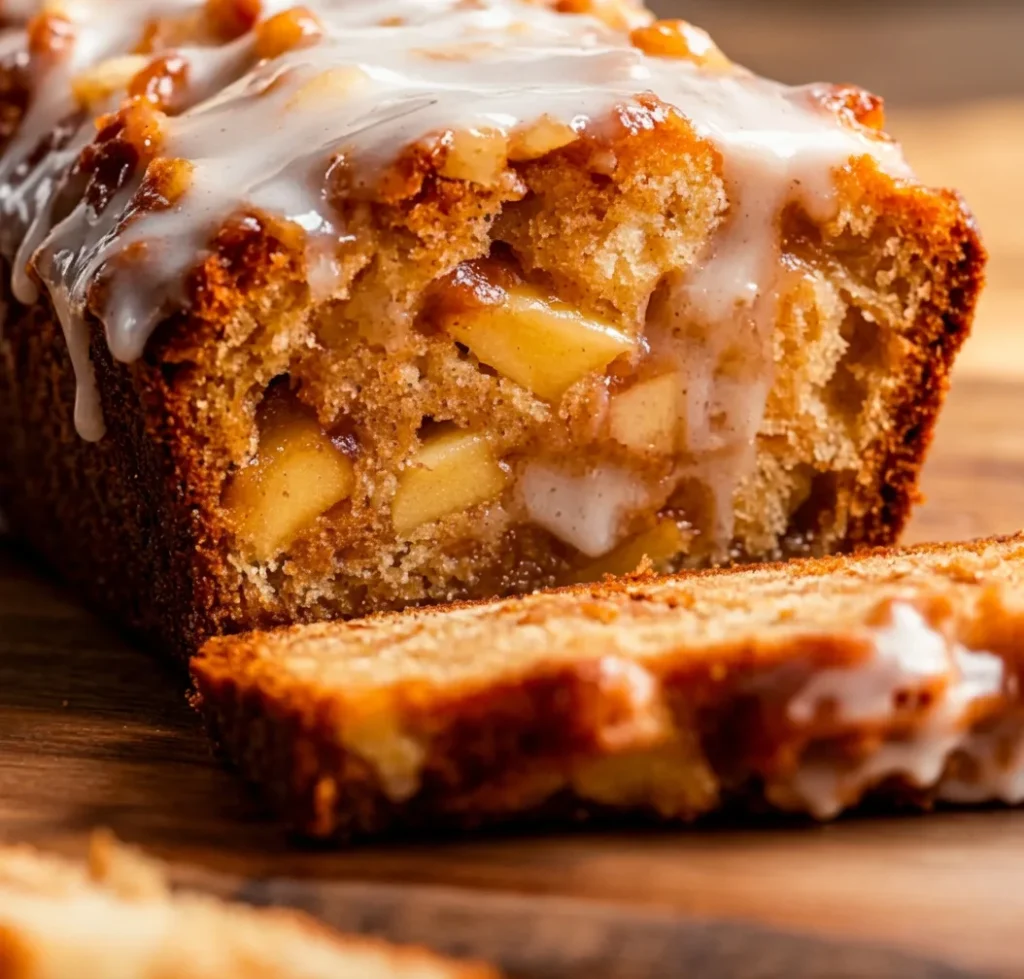 Slice of Spiced Apple Fritter Bread with cinnamon apples and vanilla glaze.