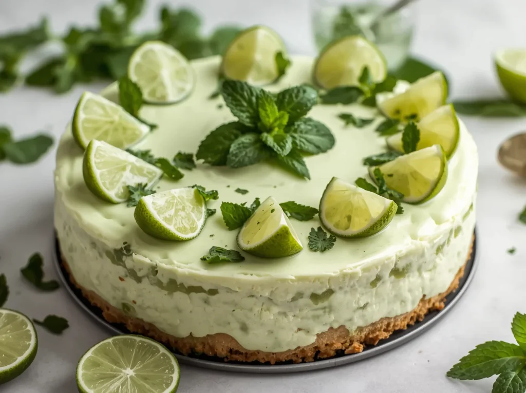Slice of creamy mojito cheesecake with graham cracker crust, topped with whipped cream, fresh mint, and lime slices.