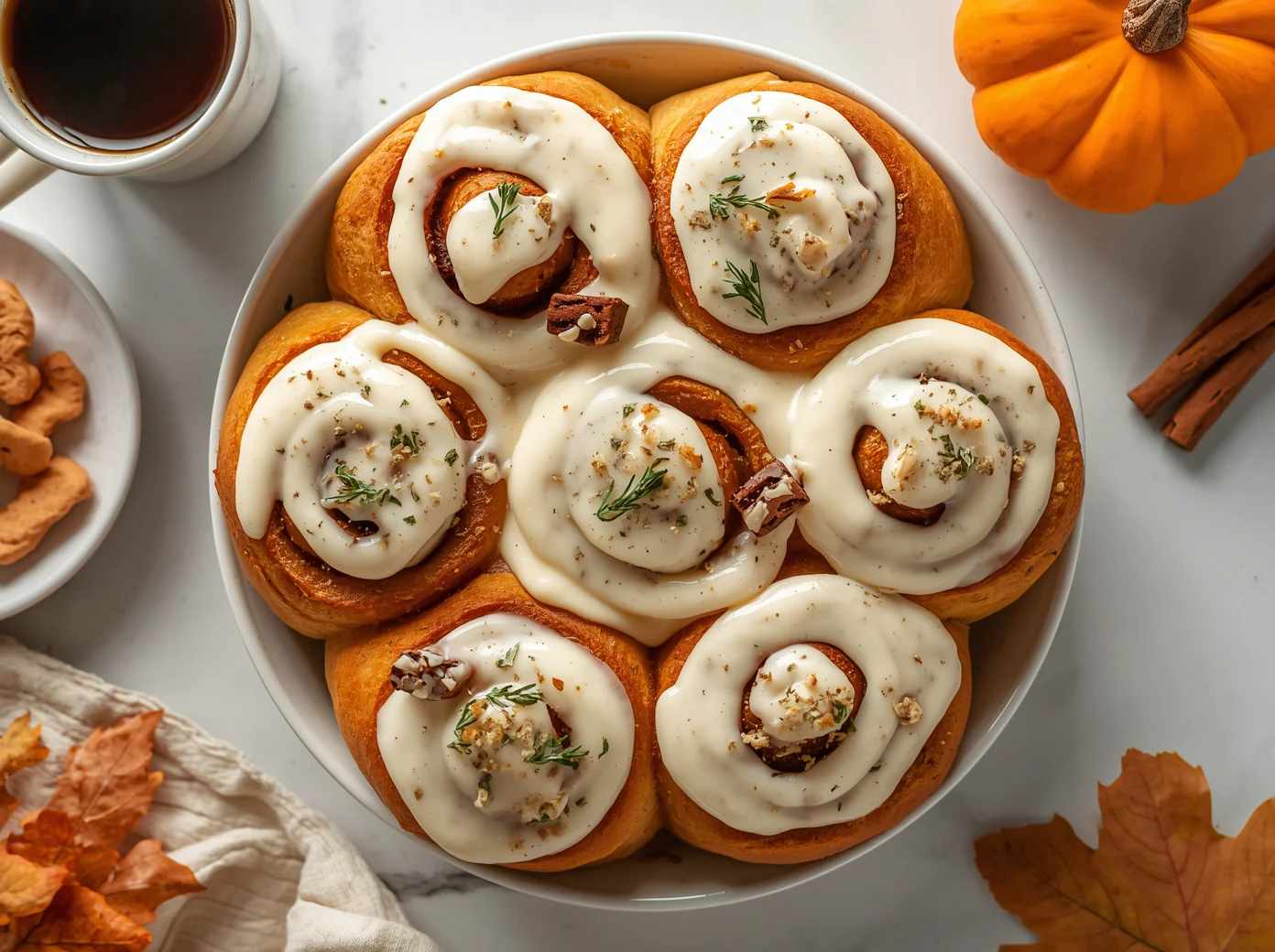 Pan of warm Pumpkin Cinnamon Rolls topped with cream cheese icing.