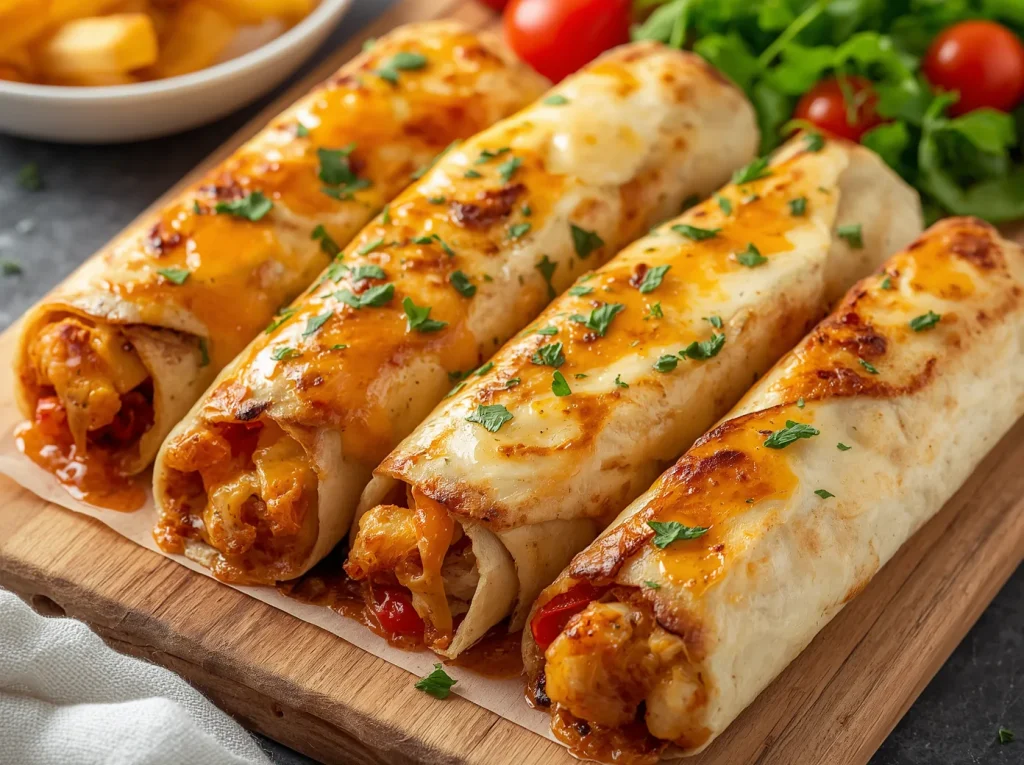 Golden toasted Cheesy Garlic Chicken Wraps sliced in half revealing melted cheddar and juicy garlic chicken.