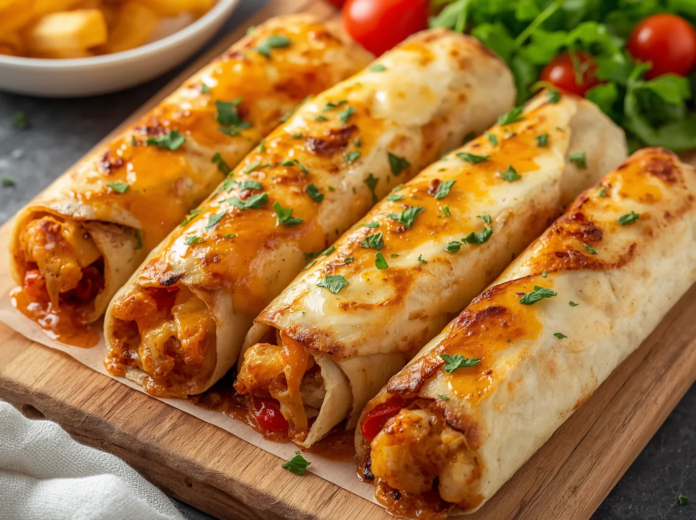 Golden toasted Cheesy Garlic Chicken Wraps sliced in half revealing melted cheddar and juicy garlic chicken.