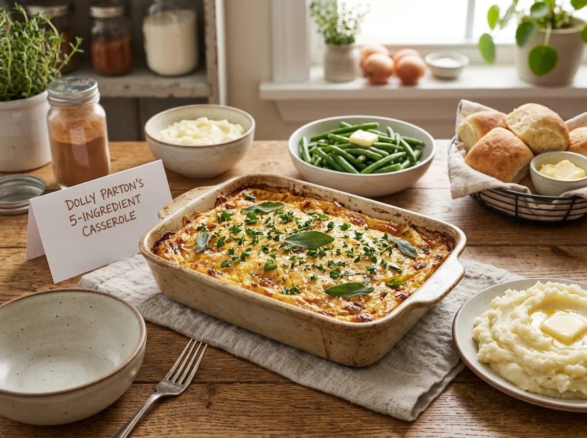 Baked casserole slice prepared with a Dolly Parton's 5-Ingredient Casserole recipe.