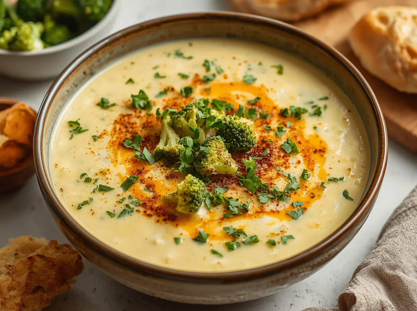 Creamy Broccoli Cheese Soup served inside a crusty artisan sourdough bread bowl topped with shredded cheddar.