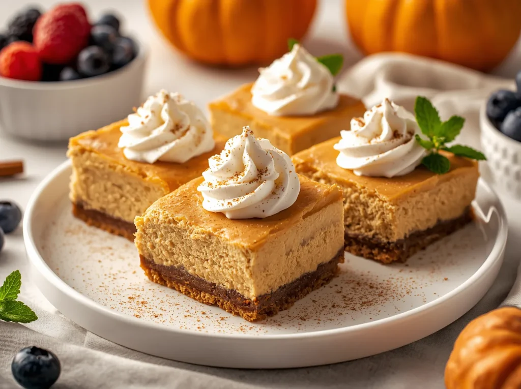 Square slice of Pumpkin Cheesecake Bars with whipped cream and cinnamon stick.
