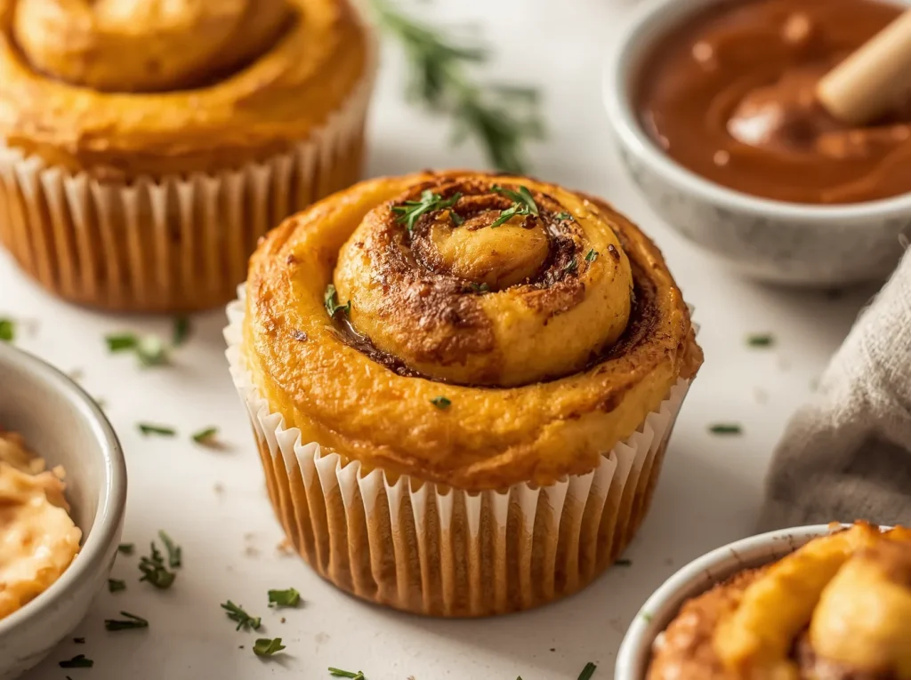 Freshly baked pumpkin cinnamon roll muffins drizzled with vanilla glaze.