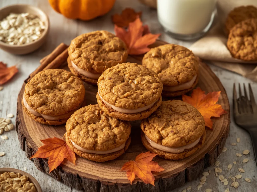 Chewy Pumpkin Oatmeal Sandwich Cookies stacked with cream cheese filling.