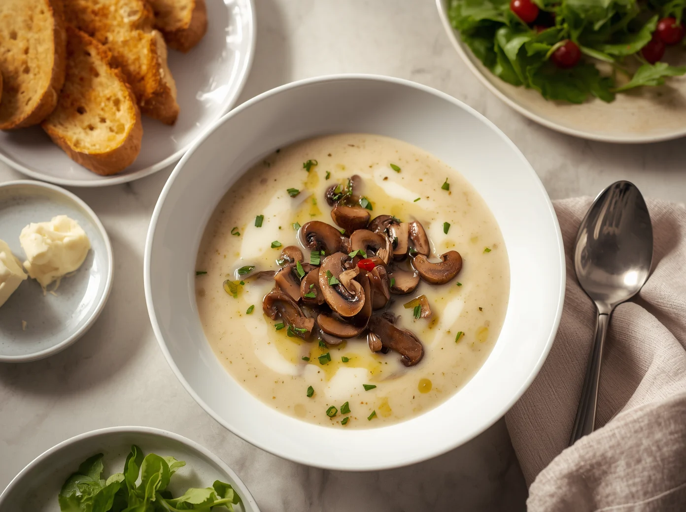 Silky bowl of Cottage Cheese Mushroom Soup topped with golden sautéed mushrooms and fresh thyme leaves.