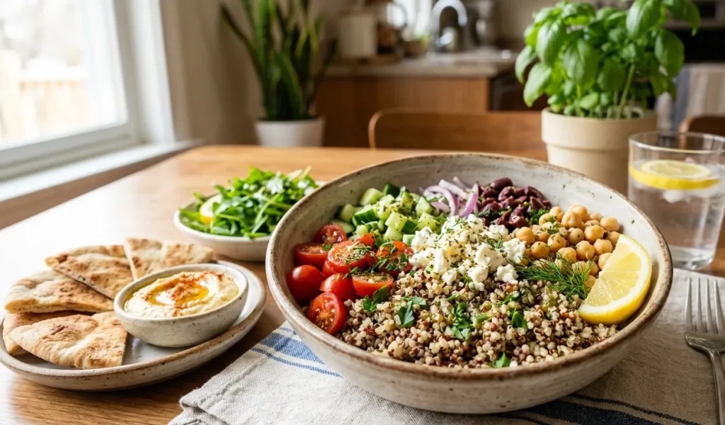 Fresh Quick Mediterranean Quinoa Bowl loaded with cherry tomatoes, cucumbers, feta, and olives.