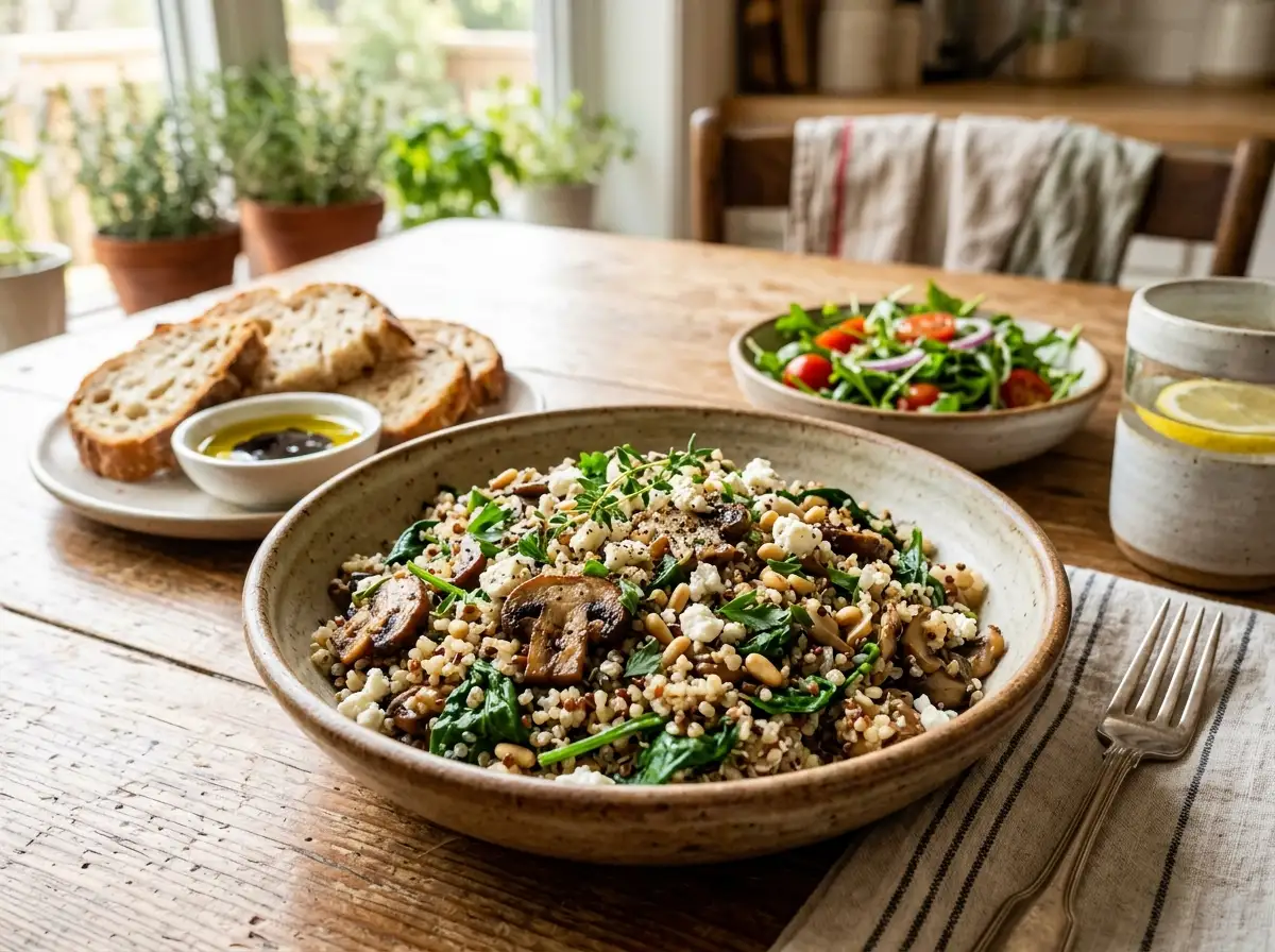 Warm bowl of Mushroom Spinach Quinoa topped with sautéed cremini mushrooms, baby spinach, and pine nuts.