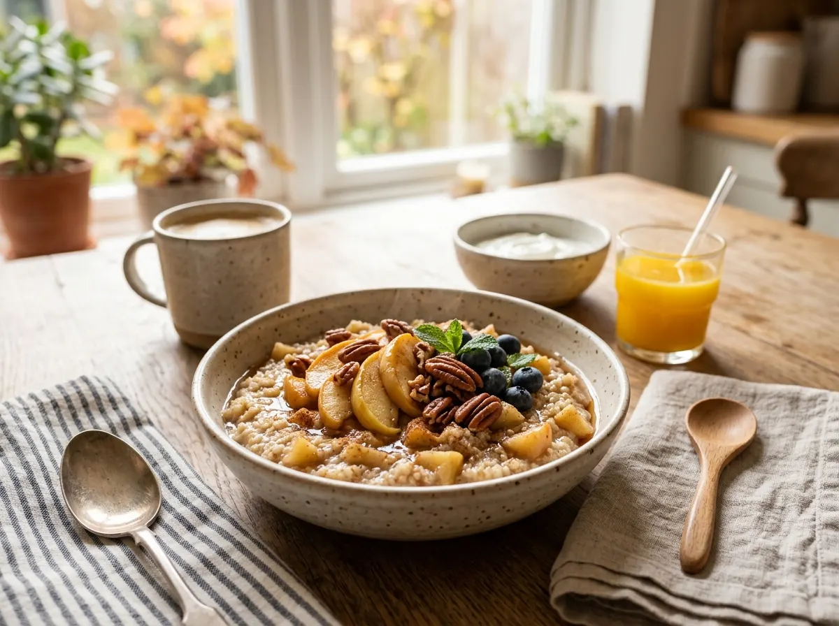 Warm bowl of Cinnamon Apple Breakfast Quinoa topped with sliced caramelized apples, pecans, and blueberries.