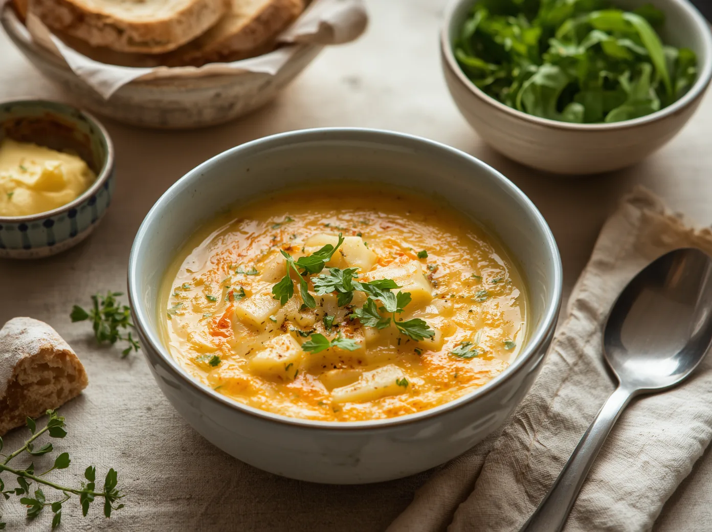 Creamy bowl of Cheesy Potato Soup Recipe topped with melted cheddar green onions and crispy bacon.
